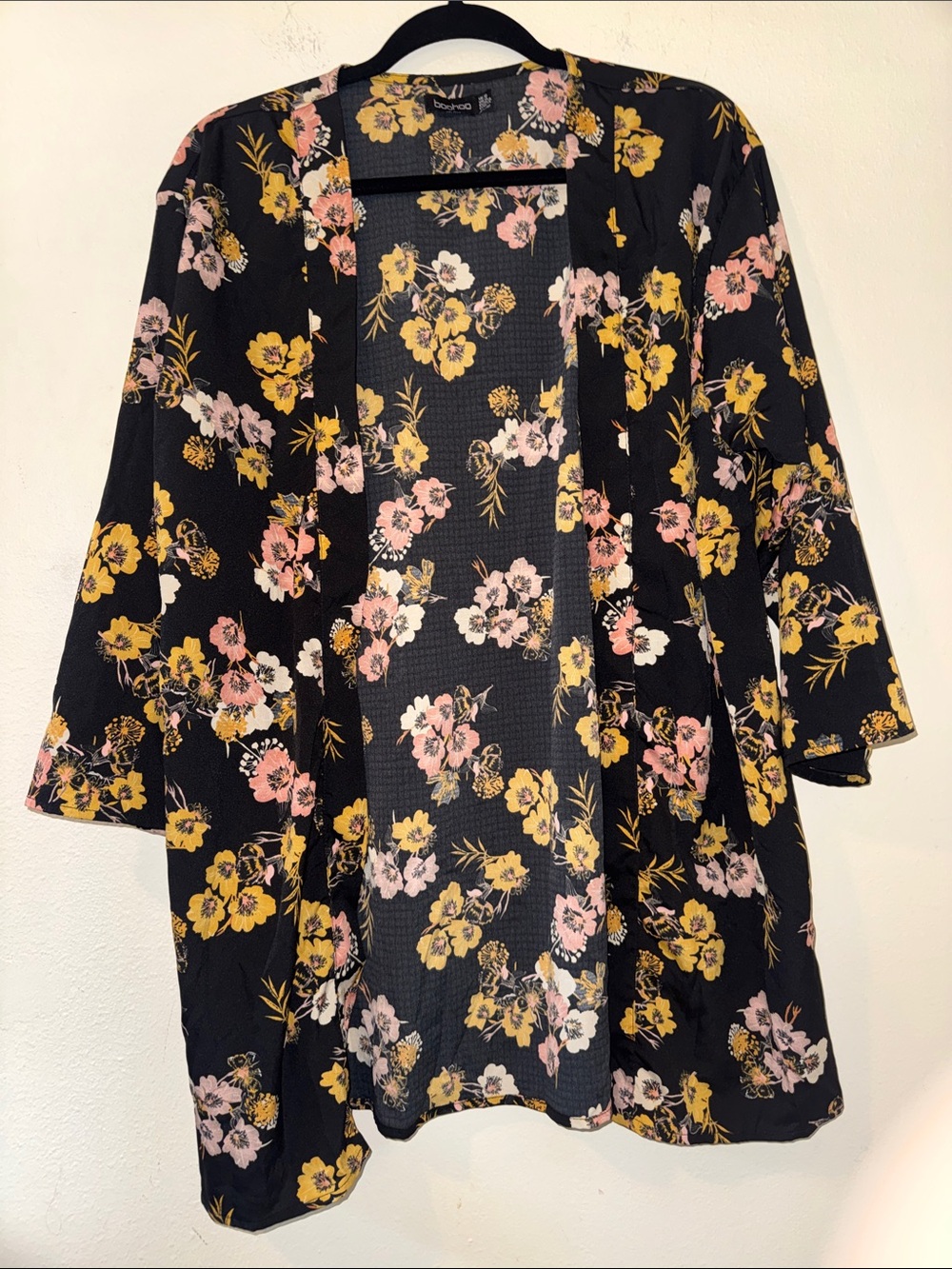 Boohoo Black Floral Duster with Pink & Yellow Blooms - Picture 2 of 4